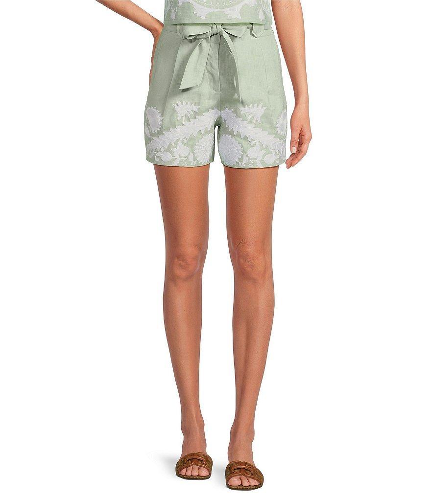 Le' AL.X Embroidered Linen High Rise Tie Waist Pocketed Trouser Coordinating Shorts Product Image