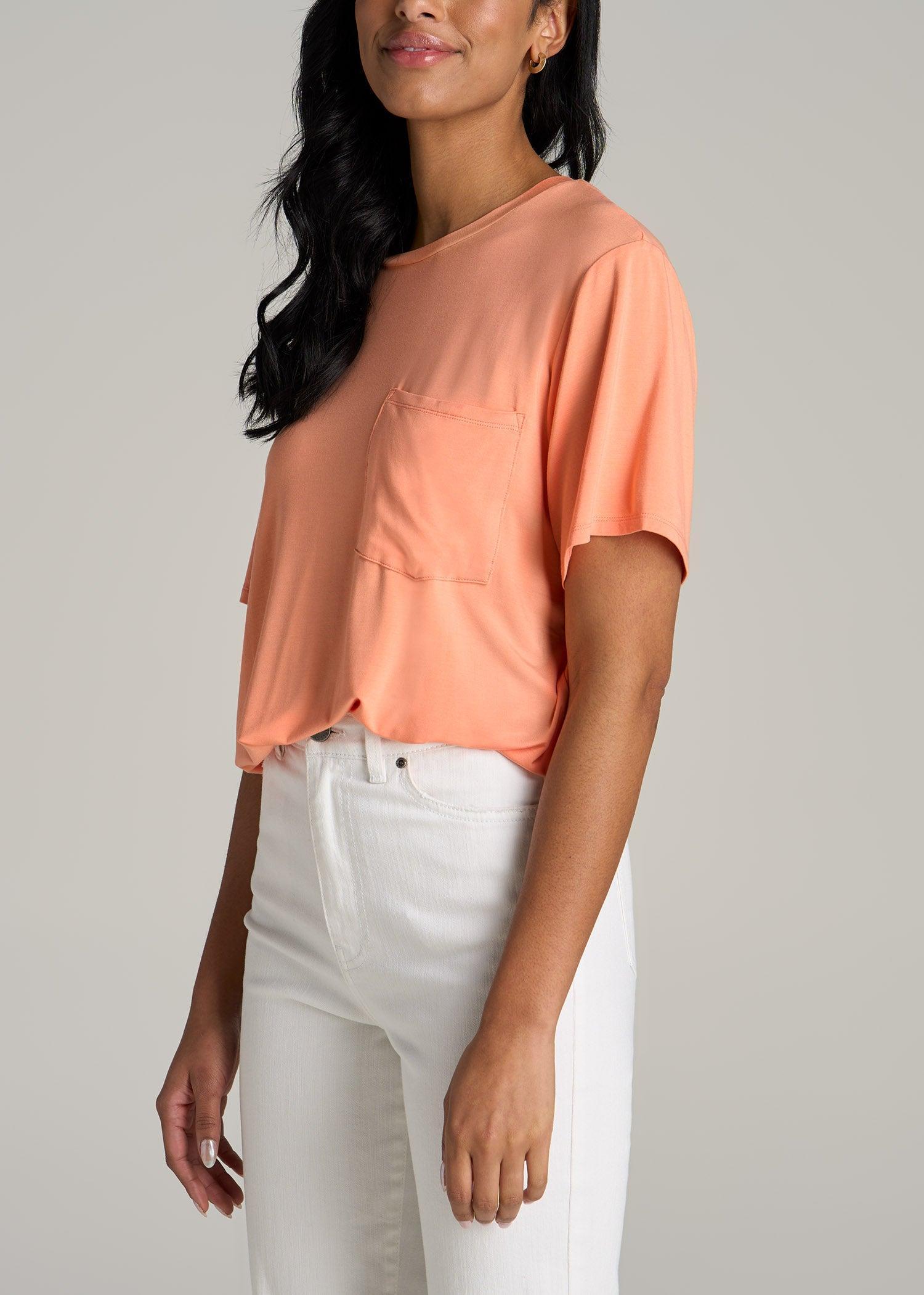 Short-Sleeve Oversized Crewneck Pocket T-Shirt for Tall Women in Apricot Crush Product Image