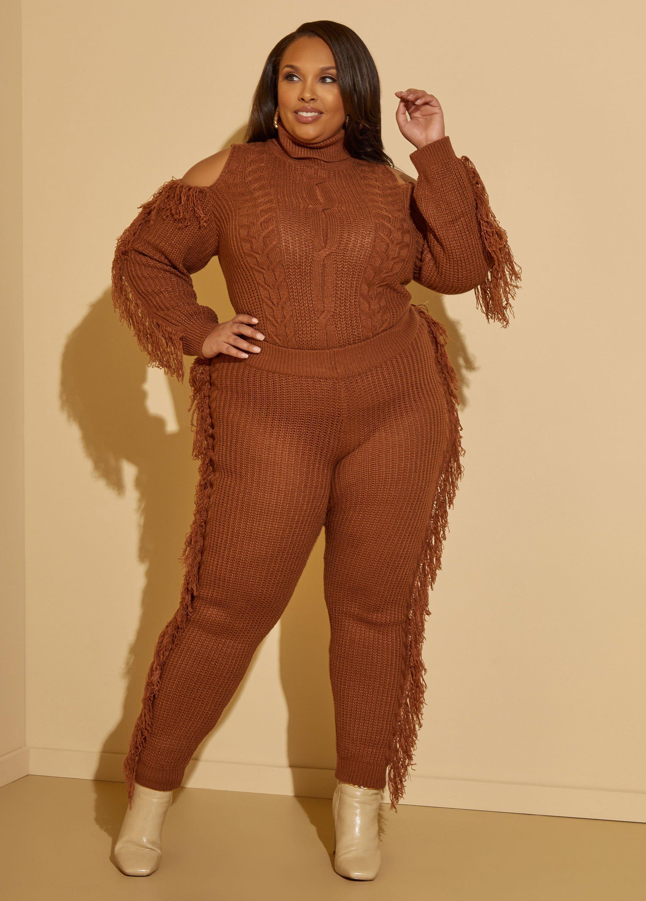 Plus Size Cable Knit Fringed Joggers Ashley Stewart Product Image