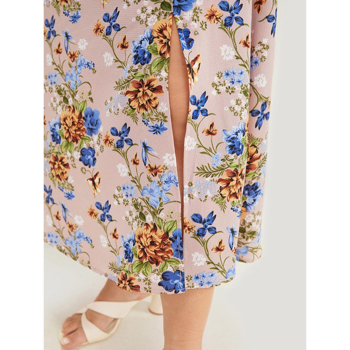 Plus Size Floral Pocket Lace Insert Split Pompom Trim Halter Dress Pink Women Elegant Lace Halter neck Sleeveless Curvy Midi Dress BloomChic 30/6X Product Image