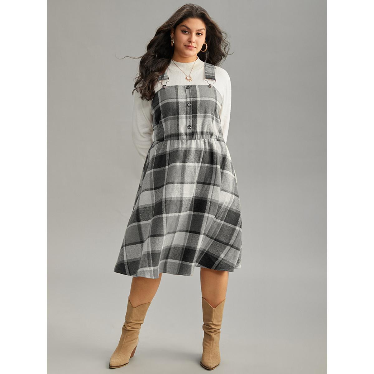 Plus Size Plaid Elastic Waist Button Detail Adjustable Straps Dress Black Women Casual Adjustable Straps Spaghetti Strap Sleeveless Curvy Midi Dress BloomChic 18-20/2X Product Image