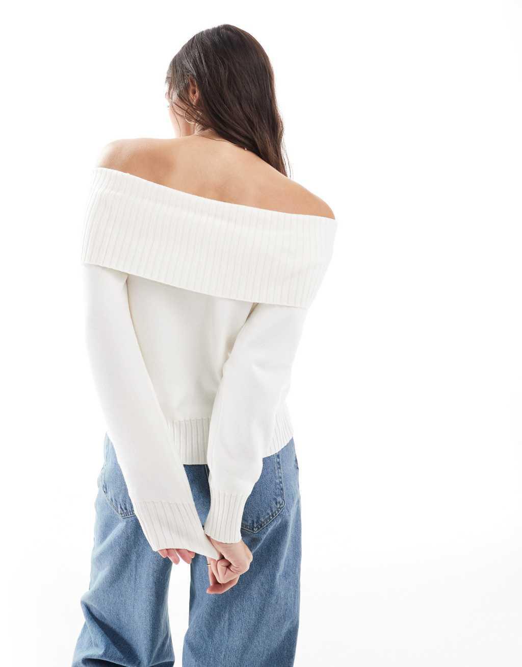 Stradivarius off-the-shoulder knit top in ecru Product Image