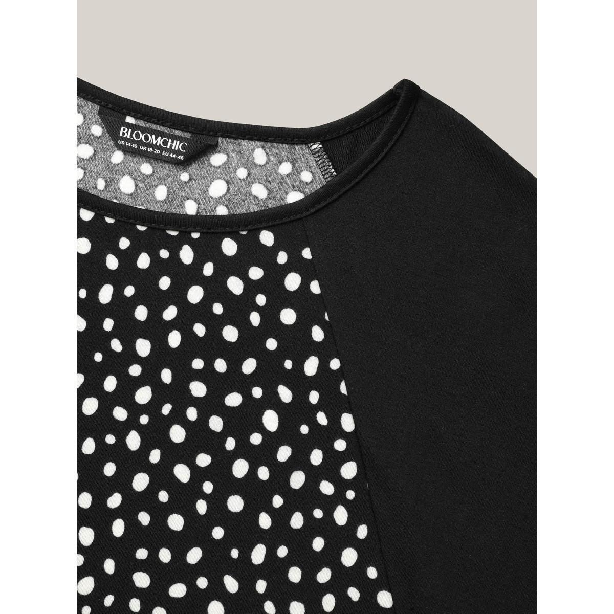 Plus Size Printed Spliced Raglan Sleeve Ruffled T-Shirt Black Women Casual Contrast Round Neck Everyday T-shirts BloomChic 22-24/3X Product Image