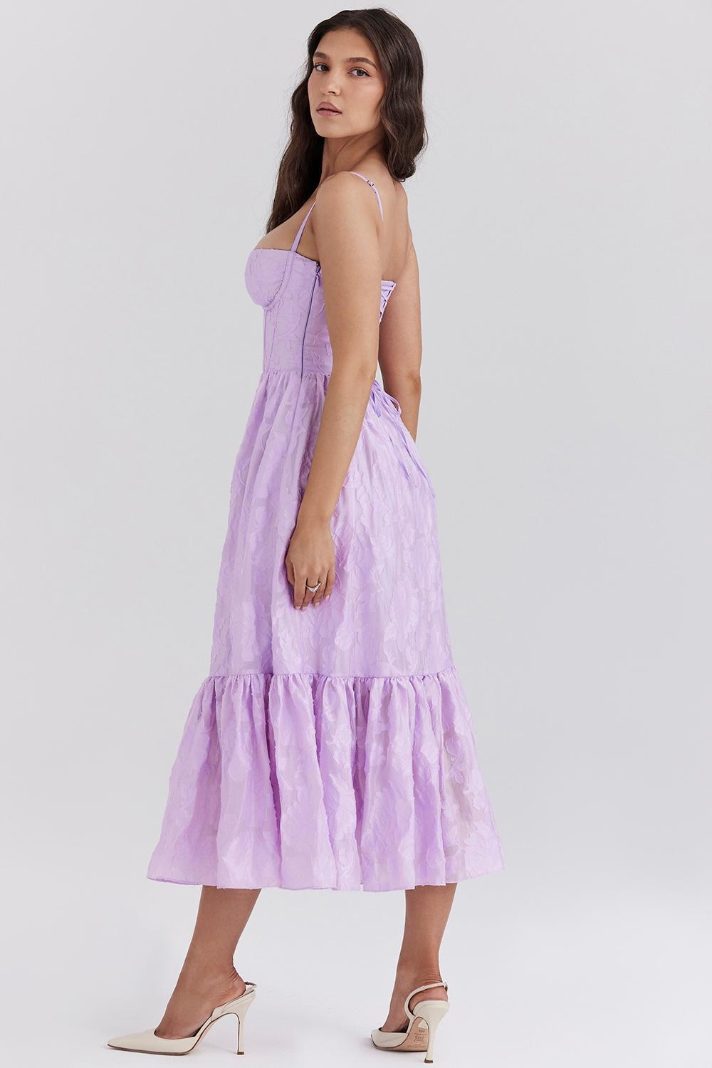 Mira Orchid Floral Jacquard Tiered Midi Dress Product Image