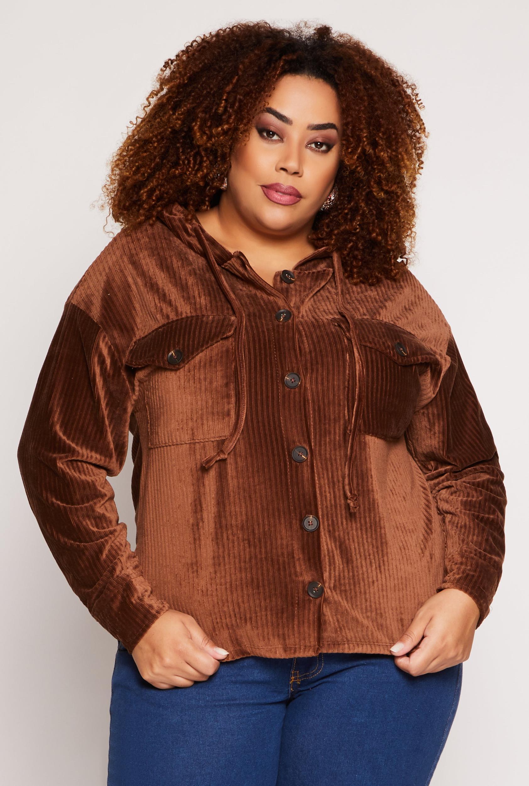 Womens Plus Size Velour Ribbed Hooded Shirt Product Image