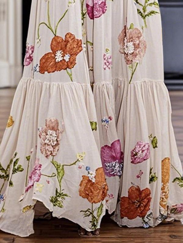 A-Line Loose Floral Printed Pleated Split-Joint Round-Neck Evening Dresses Maxi Dresses Product Image
