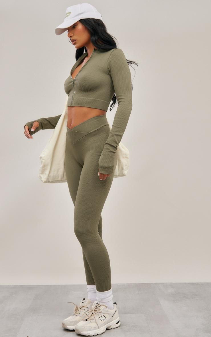 Olive Seamless Seam Detail Cropped Sports Jacket Product Image