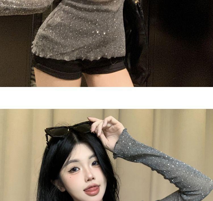 Long Sleeve Scoop Neck Rhinestone Knit Top Product Image