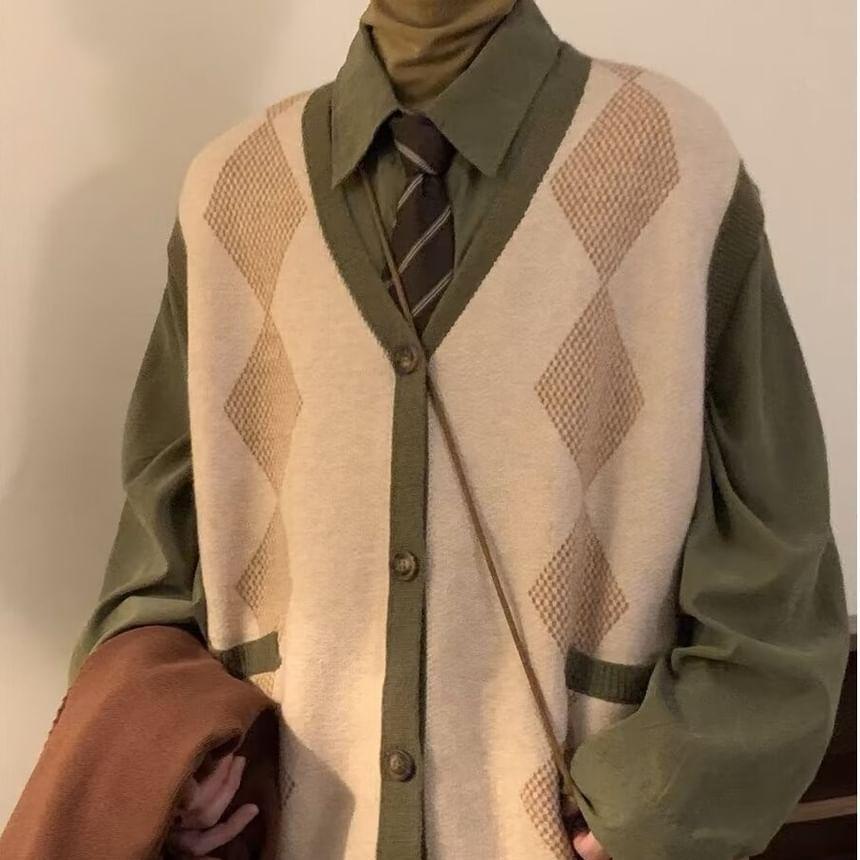 Argyle Print V-Neck Button Sweater Vest Product Image