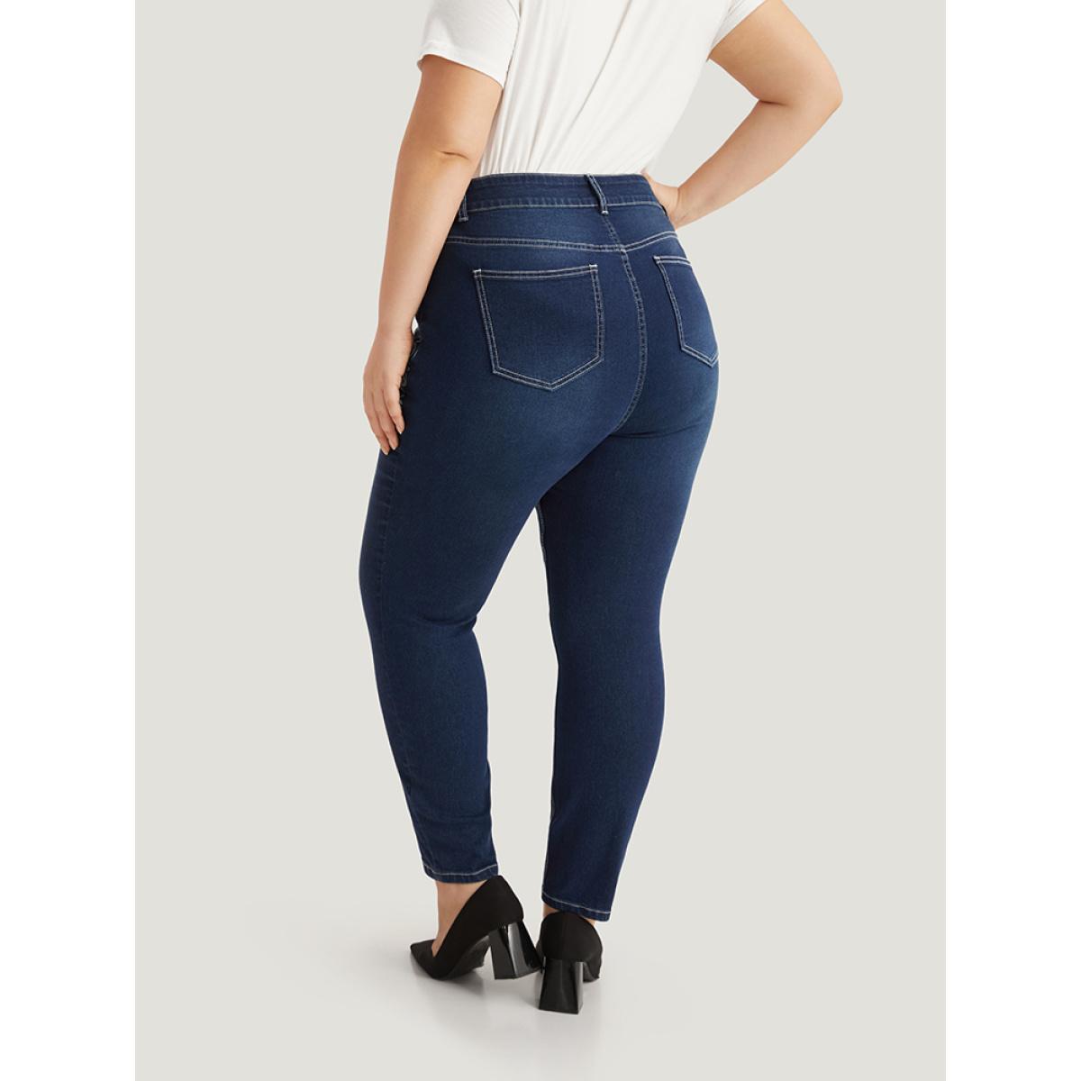 Plus Size Floral Embroidered High Rise Skinny Jeans Women DarkBlue Casual Natural Flowers Zipper High stretch Pocket Jeans BloomChic 14/1X Product Image
