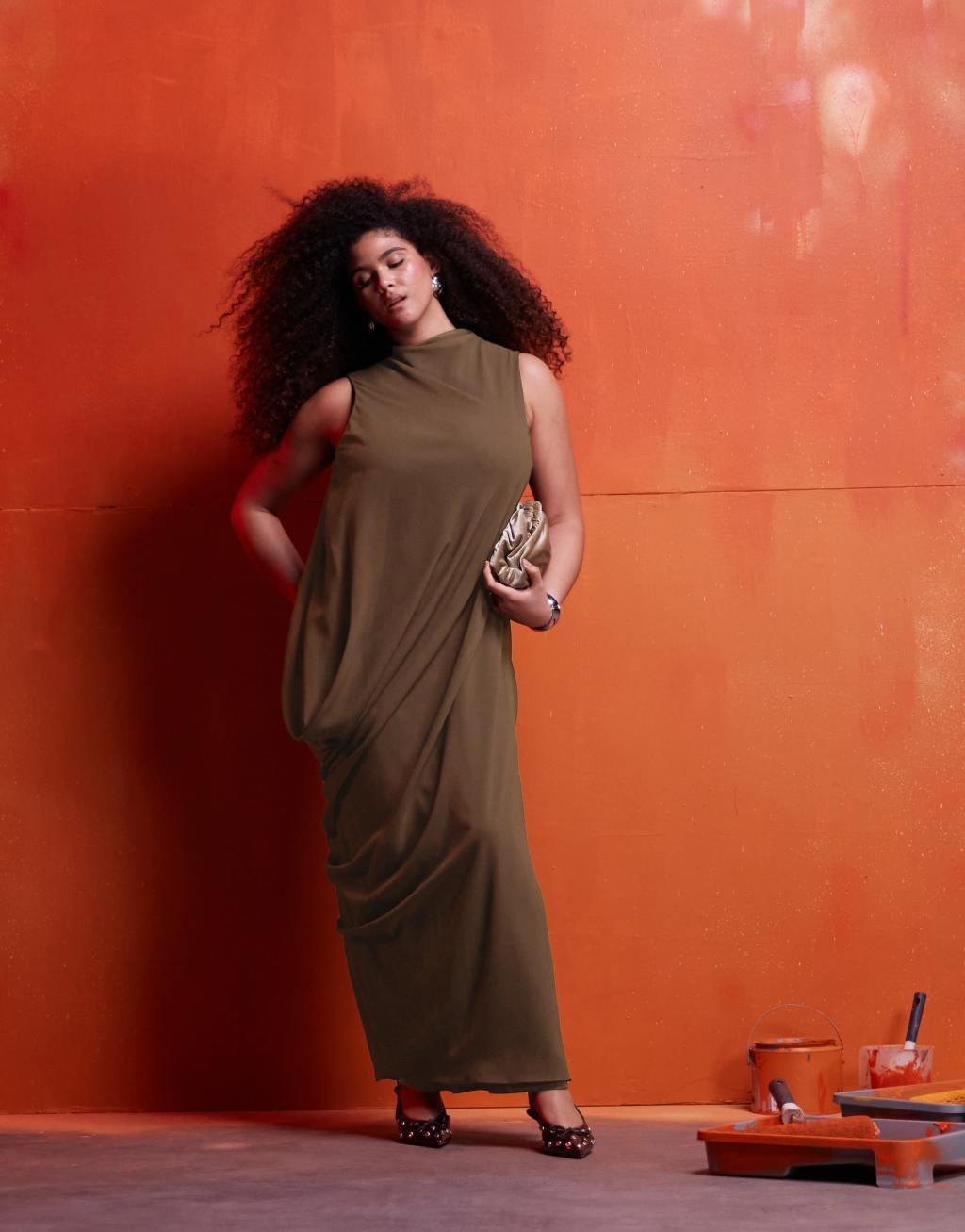 ASOS DESIGN Curve sleeveless asymmetric sheer dress in light brown Product Image