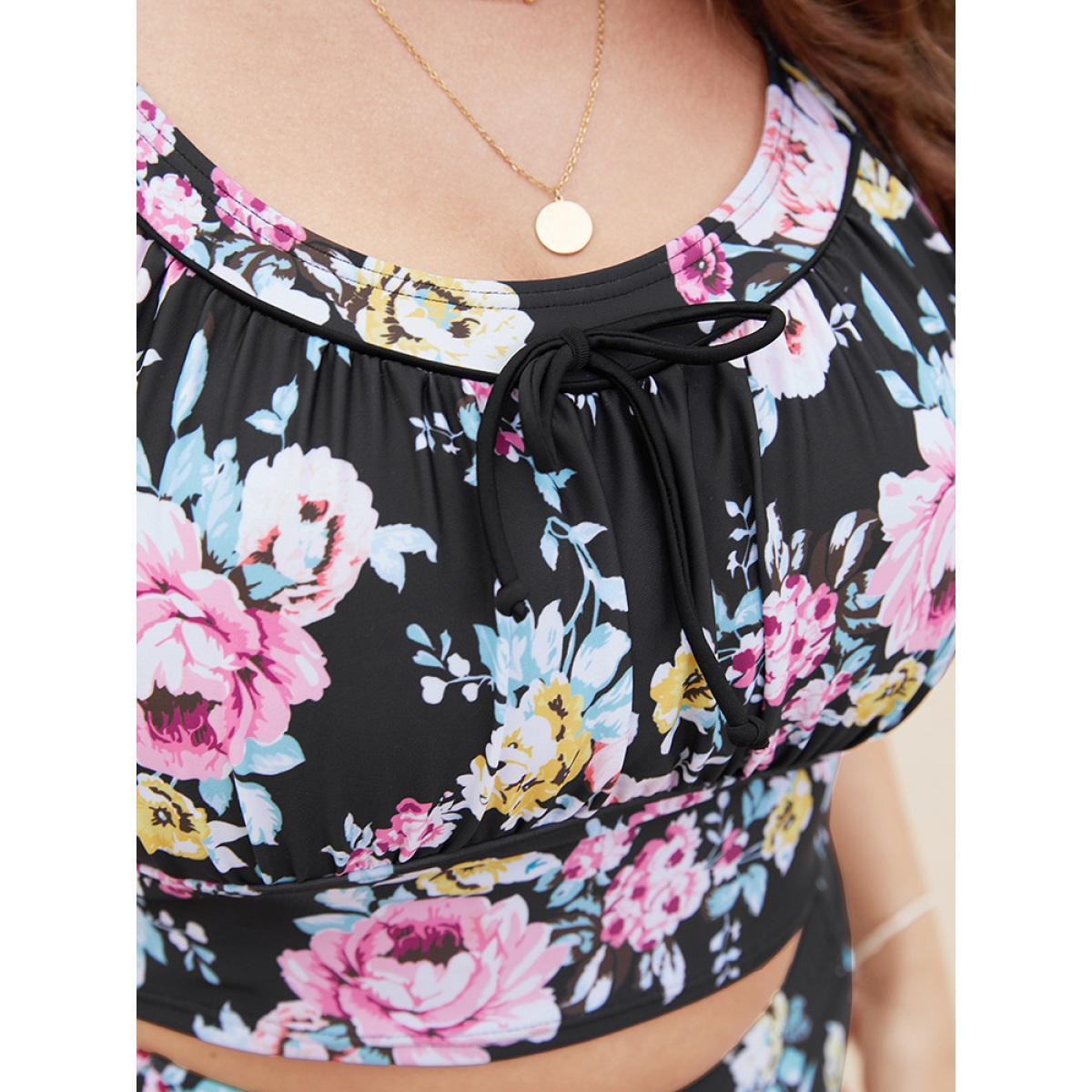 Plus Size Floral Ruched Knotted Crossover Back Tankini Top Women's Swimwear BlackFlower Vacation Adjustable Straps High stretch Skinny Curve Swim Tops BloomChic 26/4X Product Image