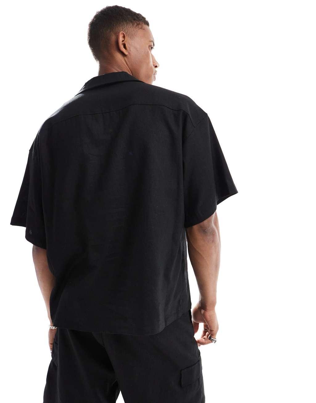 ADPT oversized linen mix revere collar shirt in black Product Image
