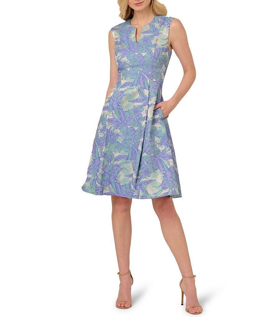 Adrianna Papell Split V Neck Sleeveless Jacquard Aline Dress Product Image