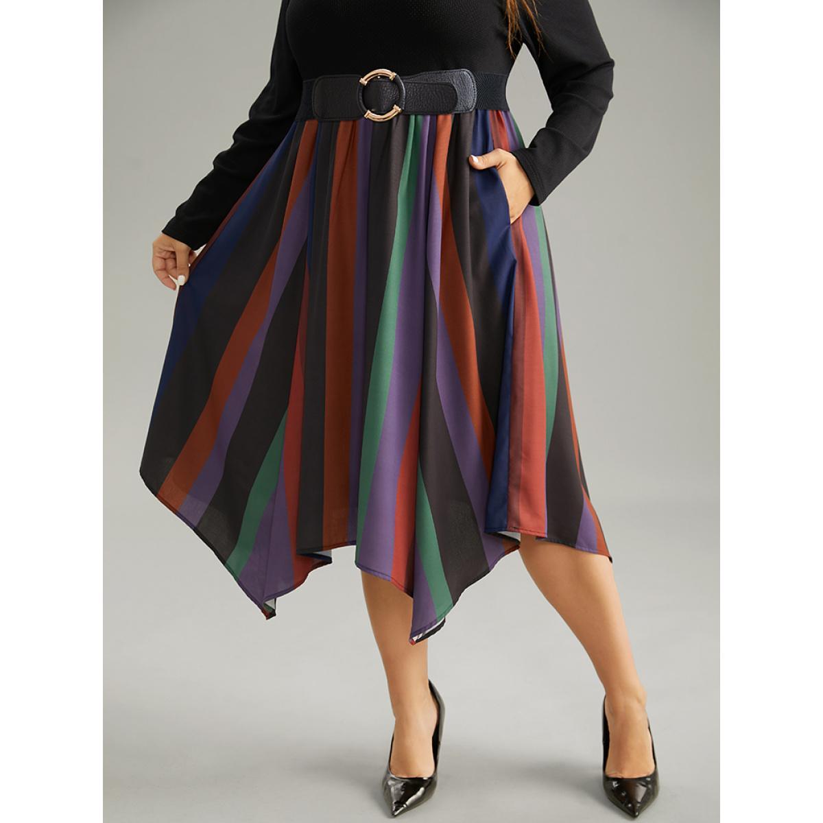 Plus Size Striped Colorblock Contrast Pocket Elastic Waist Dress Multicolor Women Office Patchwork Round Neck Long Sleeve Curvy Midi Dress BloomChic 22-24/3X Product Image