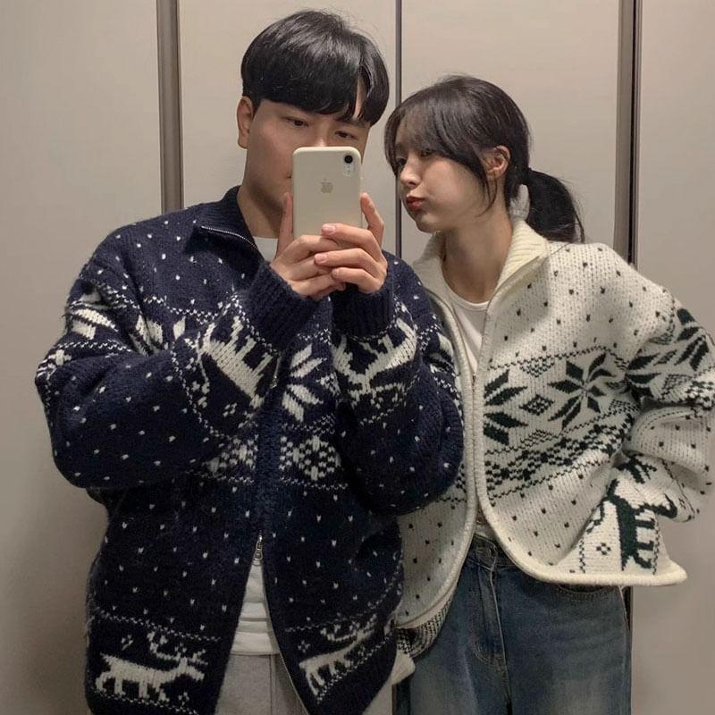 Couple Matching Snowflake Print Zip Cardigan Product Image