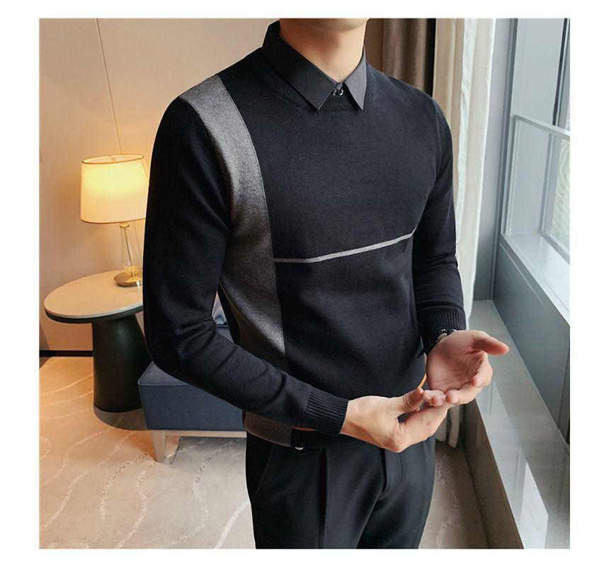 Mock Two-Piece Long-Sleeve Collar Color Block Knit Top Product Image