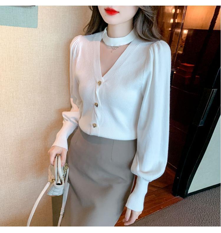 Long-Sleeve Halter Plain Cutout Heart Button Ribbed Knit Top Product Image