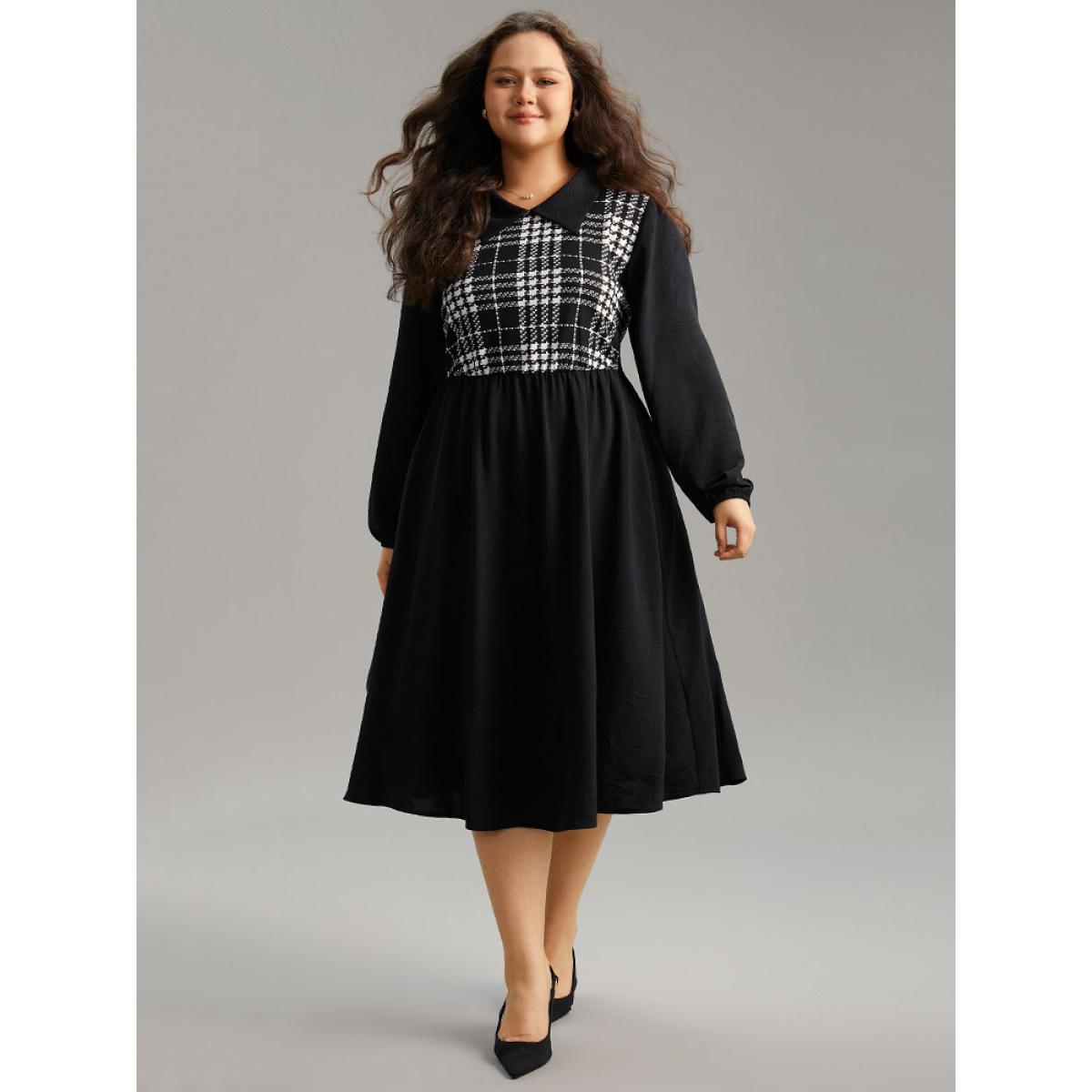 Plus Size Plaid Patchwork Lapel Collar Pocket Dress Black Women Office Patchwork Lapel Collar Long Sleeve Curvy Midi Dress BloomChic 12/L Product Image