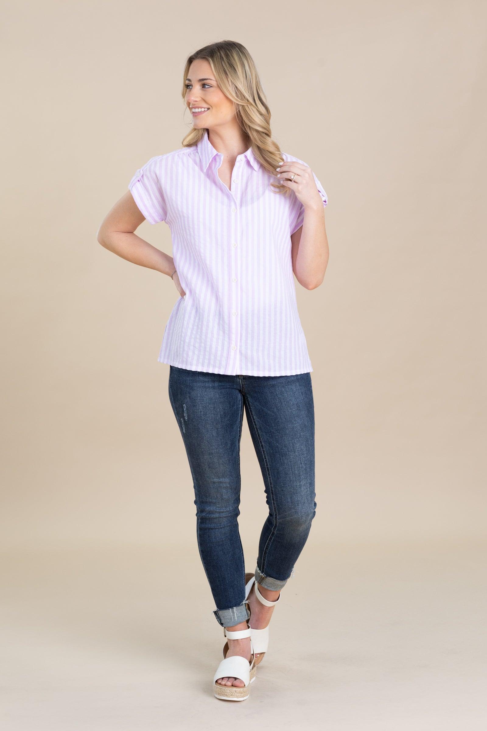 Lavender Seersucker Striped Woven Button Top Product Image
