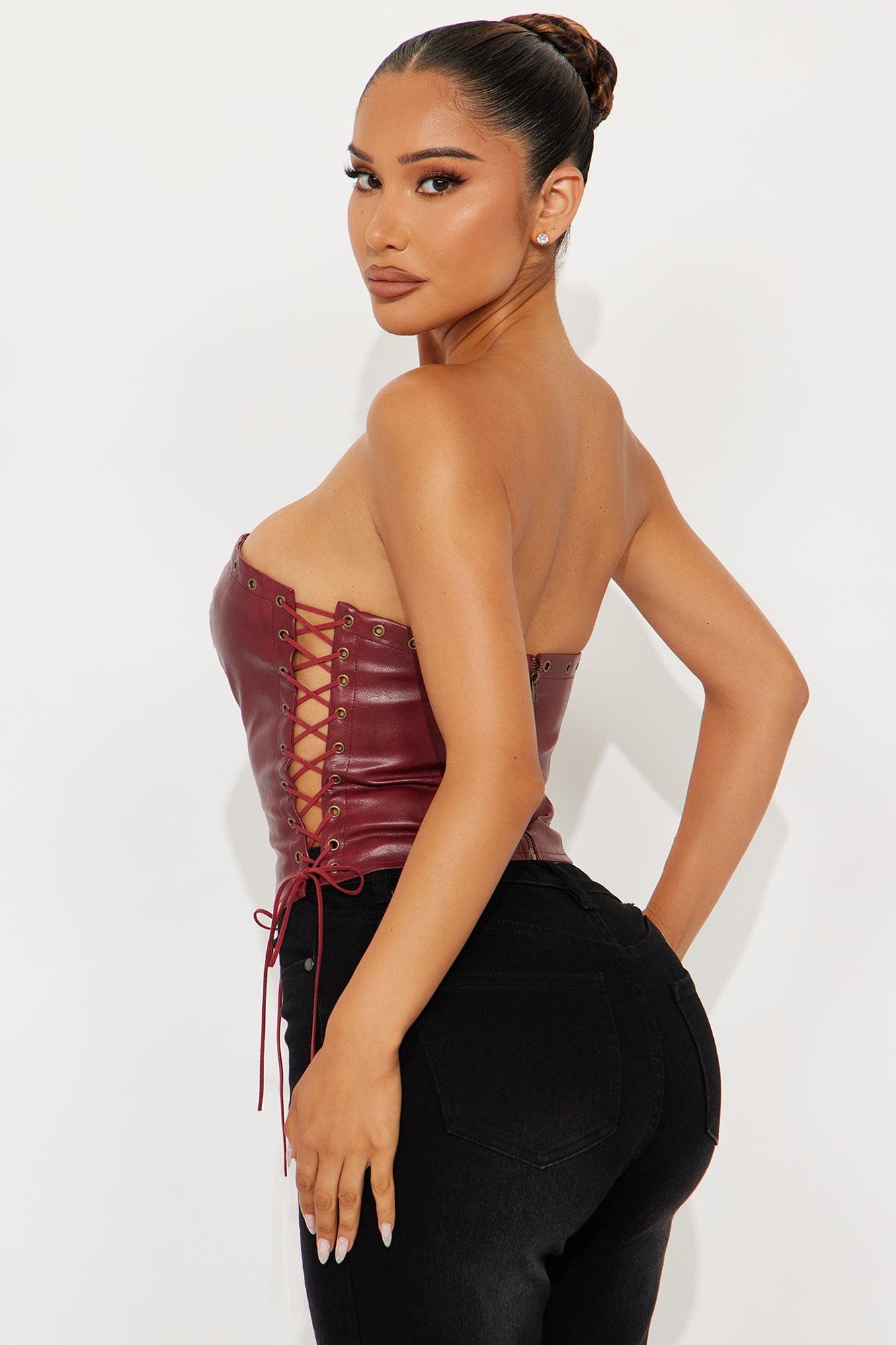 A Piece Of Work Faux Leather Lace Up Top - Burgundy Product Image