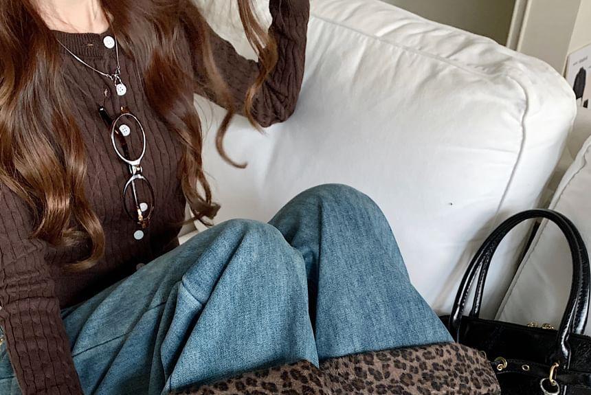 Fleece-Lined Leopard-Print Trim Flared Jeans Product Image