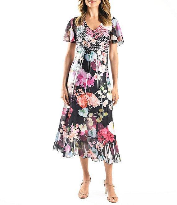 Komarov Charmeuse Lace V-Neck Short Flutter Sleeve Floral Print Fit & Flare Dress Product Image