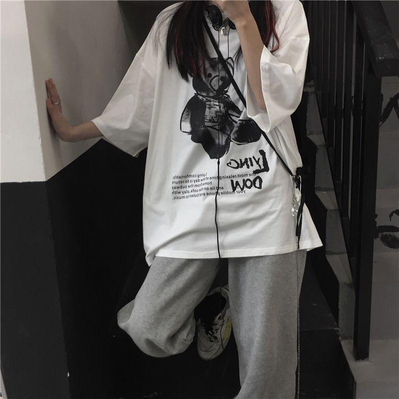 Oversized Lettering Teddy Bear Elbow-Sleeve T-Shirt Product Image