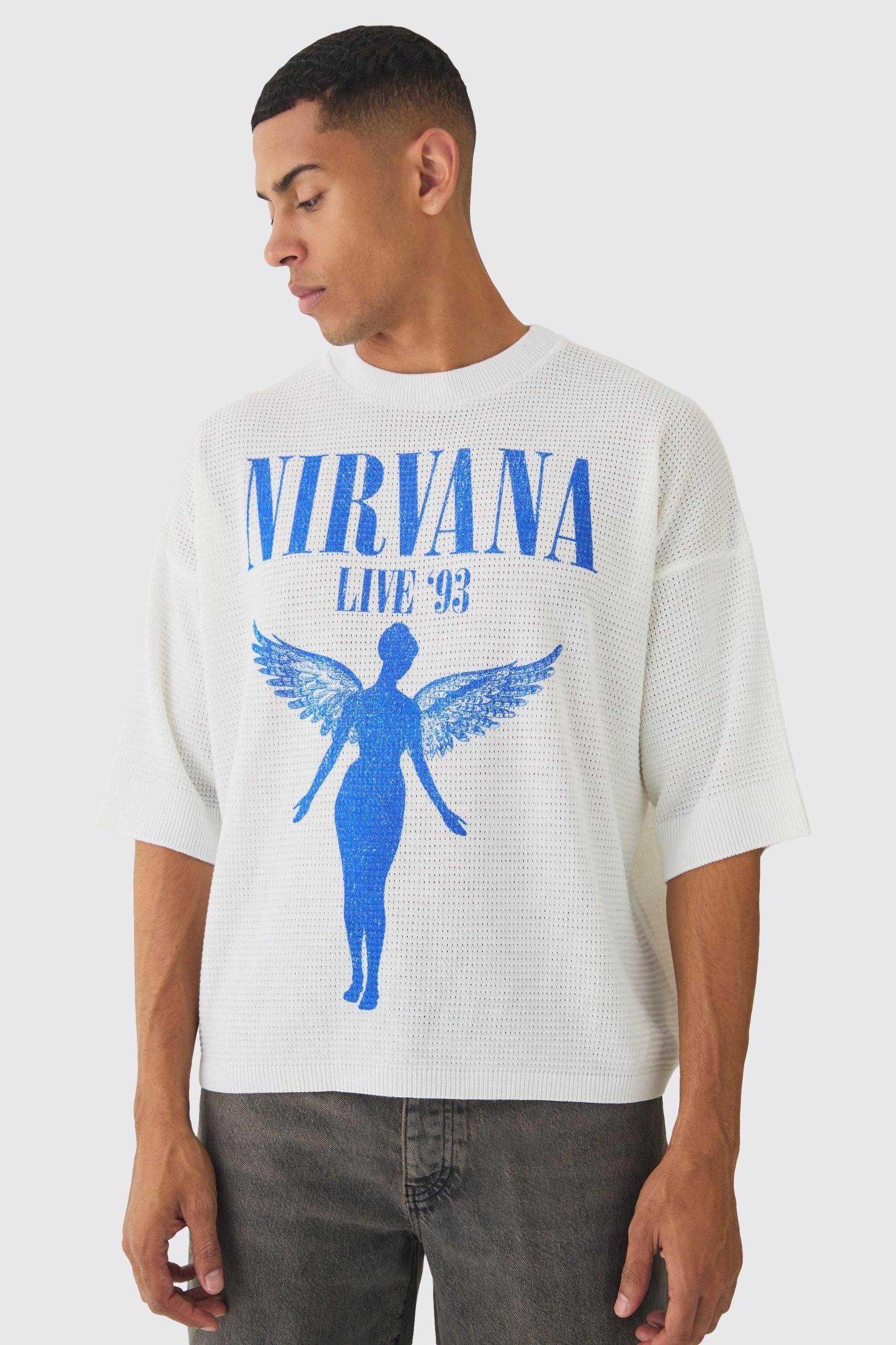 Mens White Oversized Open Stitch Nirvana License Printed Knitted T-shirt, White Product Image