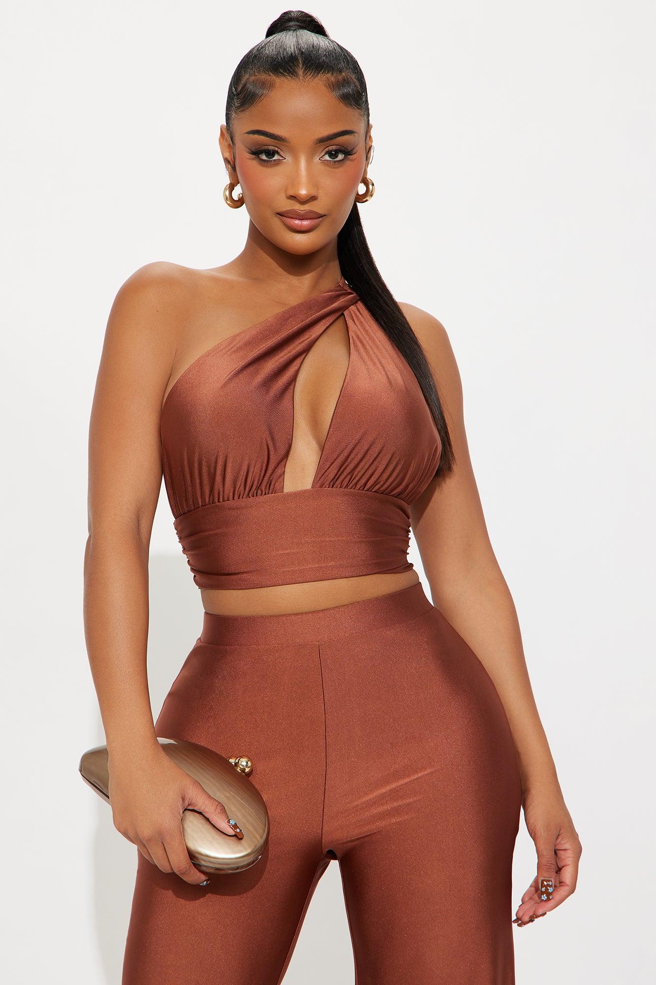 Sasha One Shoulder Wide Leg Pant Set - Brown Product Image