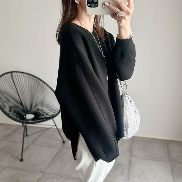Long-Sleeve Notch Neck Plain Zip Slit Tee Product Image