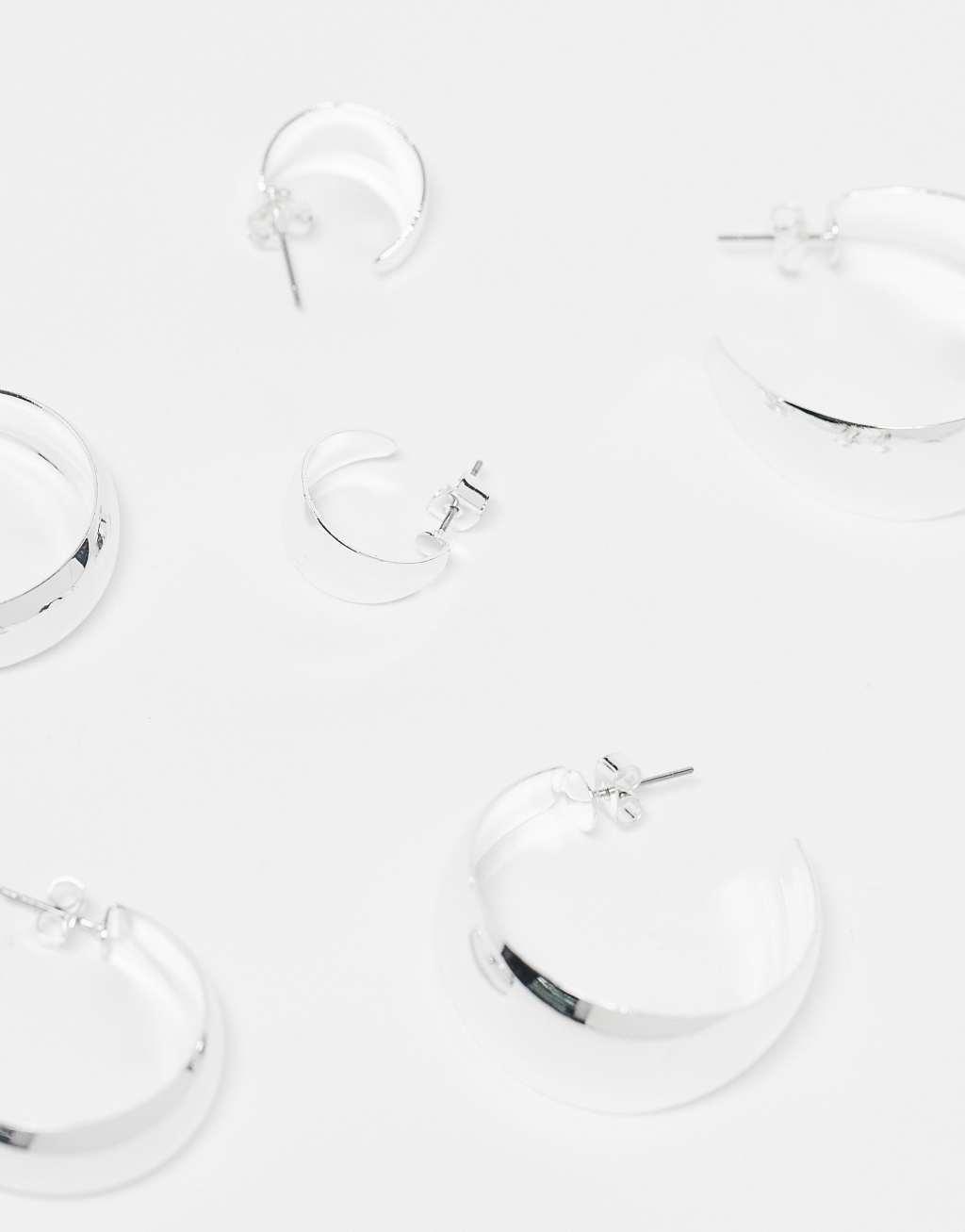 Monki 3 pack chunky wide hoops in silver Product Image