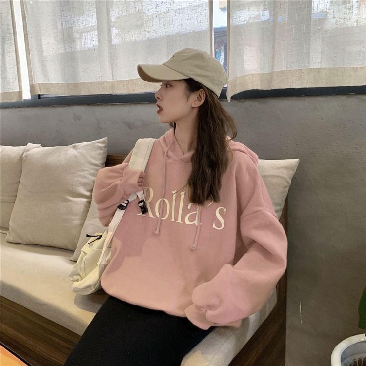 Long Sleeve Lettering Print Hooded Loose-Fit Sweatshirt Product Image