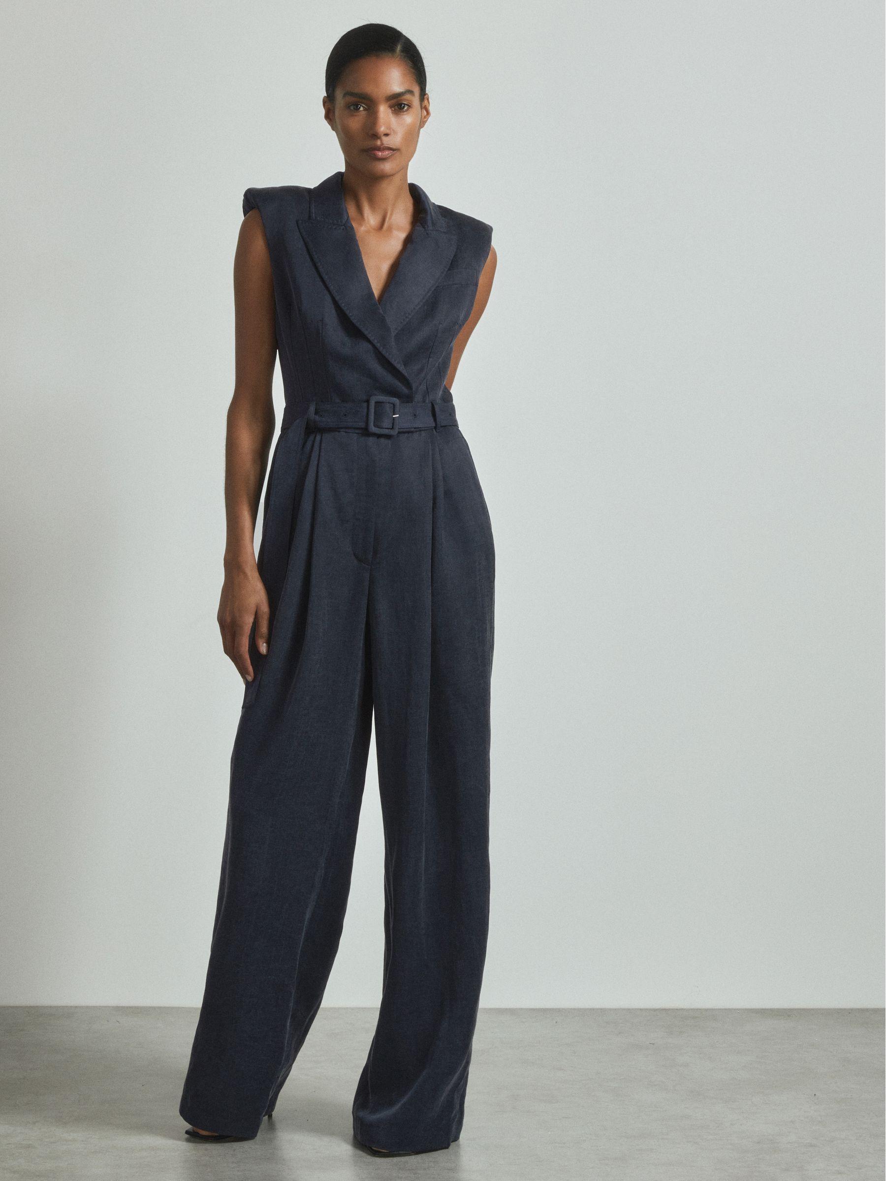 Atelier Cupro Belted Tux Jumpsuit in Navy Product Image