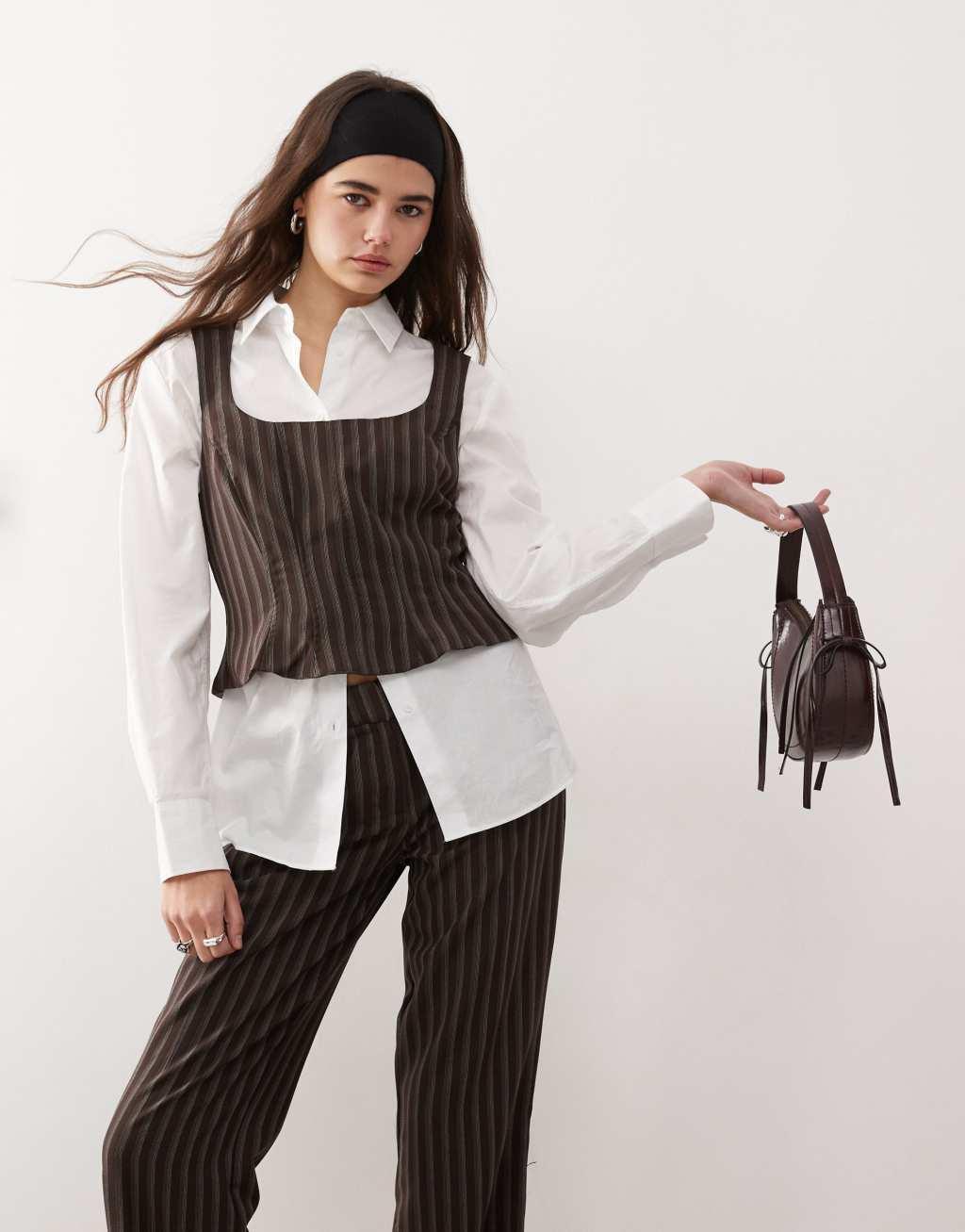 COLLUSION pinstripe tailored corset top in brown Product Image
