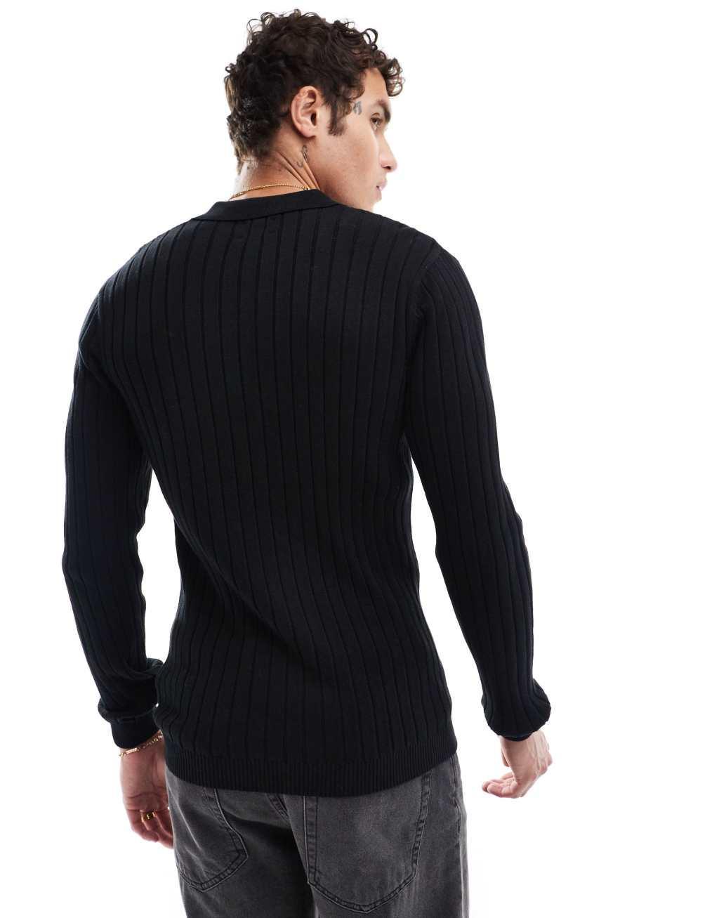 ASOS DESIGN essential muscle fit knitted rib polo neck sweater in black Product Image