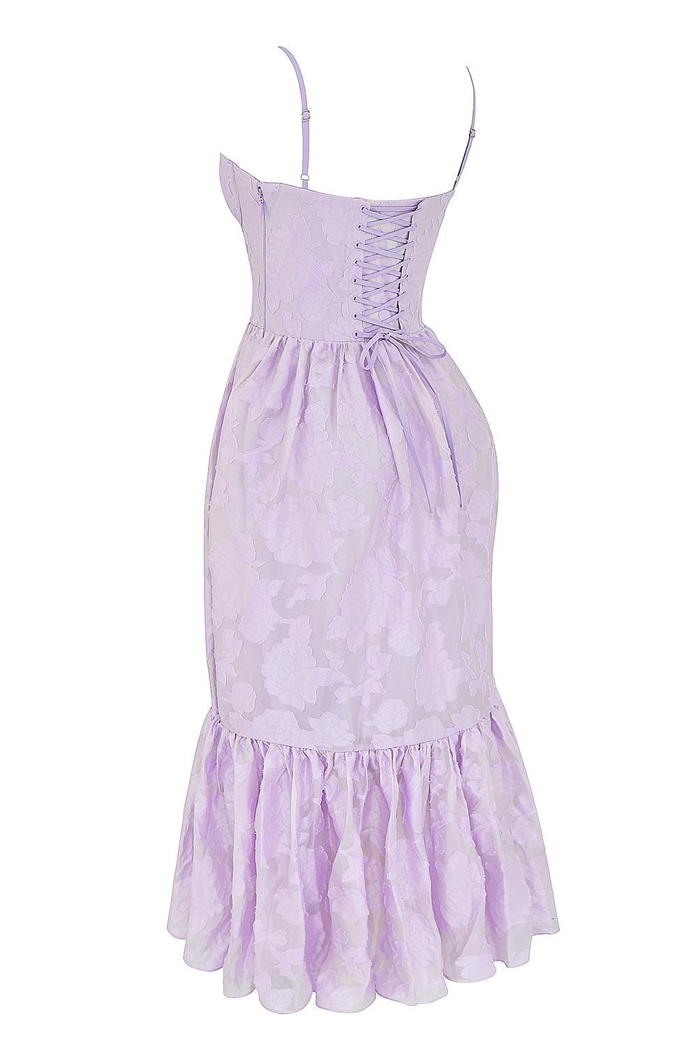 Mira Orchid Floral Jacquard Tiered Midi Dress Product Image