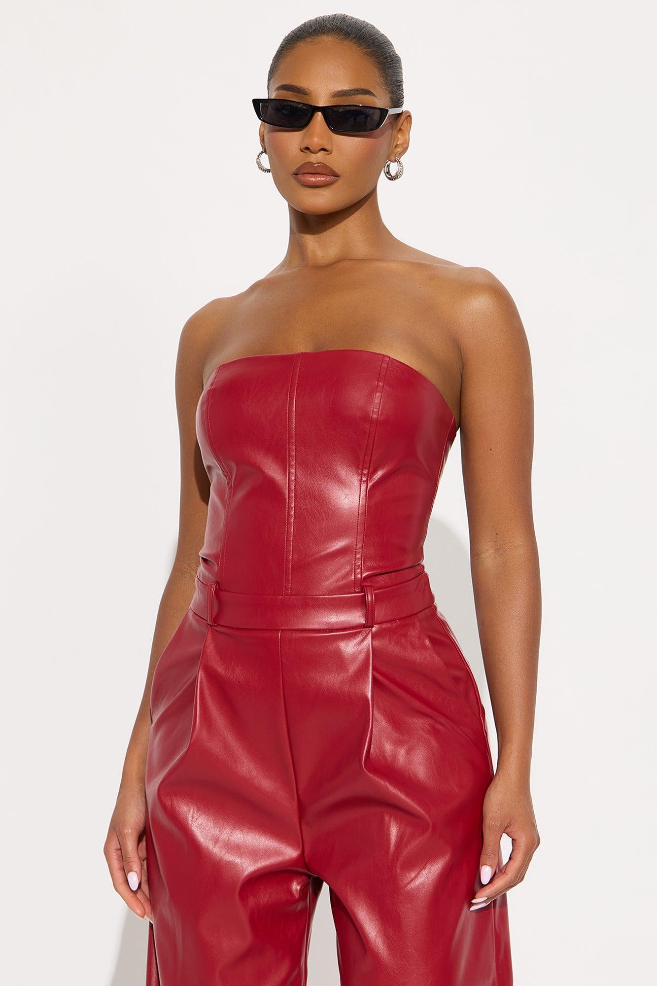 To The Max Faux Leather Corset Jumpsuit - Red Female Product Image