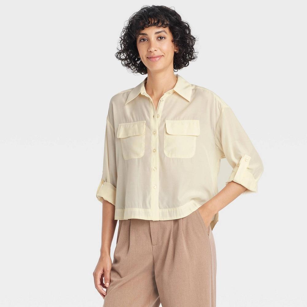 Womens Long Sleeve Button-Down Cropped Utility Shirt - A New Day Cream S: Recycled Polyester, Front Pocket Product Image