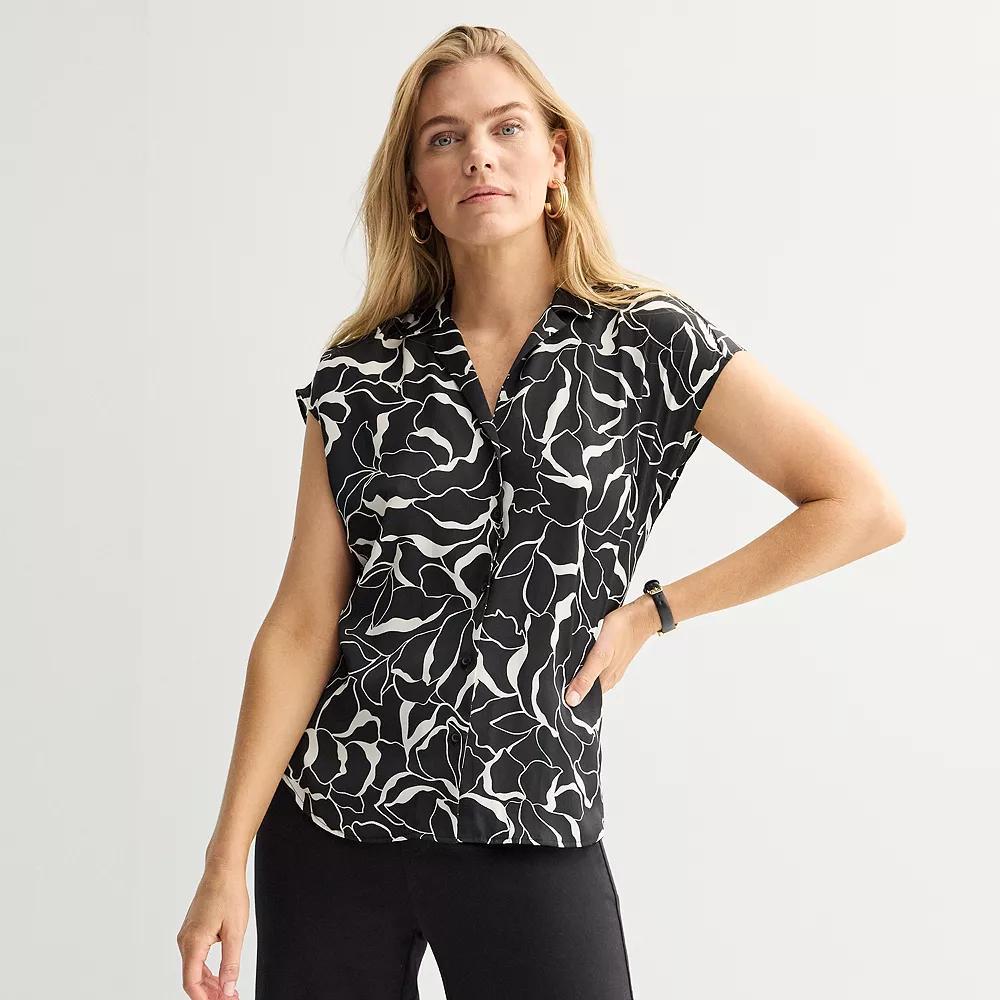 Women's Nine West Short Sleeve Easy Lapel Shirt, Size: XXL, Black Glass Floral Product Image