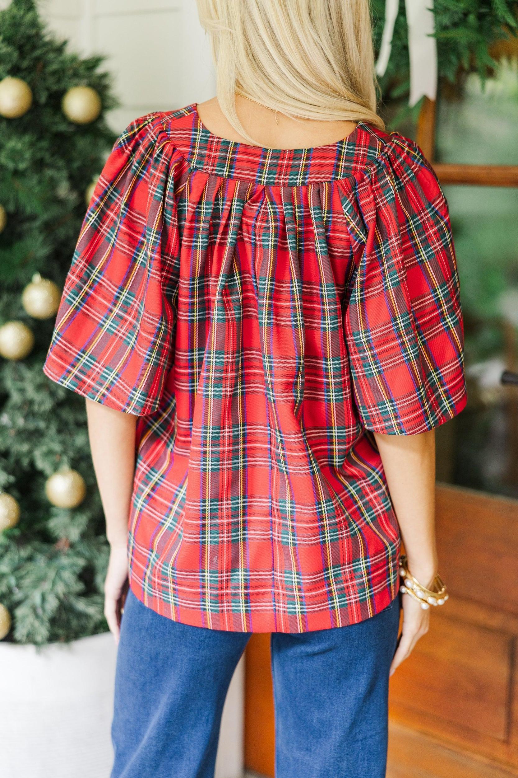Just A Theory Red Tartan Plaid Blouse Female Product Image