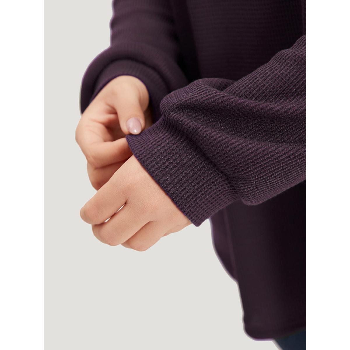 Plus Size Plain Waffle Knit Button Detail Crew Neck Raglan Sleeve T-shirt Purple Women Casual Elastic cuffs Plain Round Neck Dailywear T-shirts BloomChic 28/5X Product Image