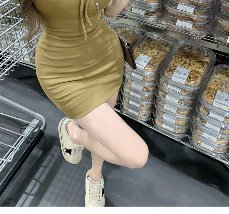 Sleeveless Square Neck Plain Drawstring Mini Sheath Dress / Long Sleeve Collared Plain Shirt Product Image
