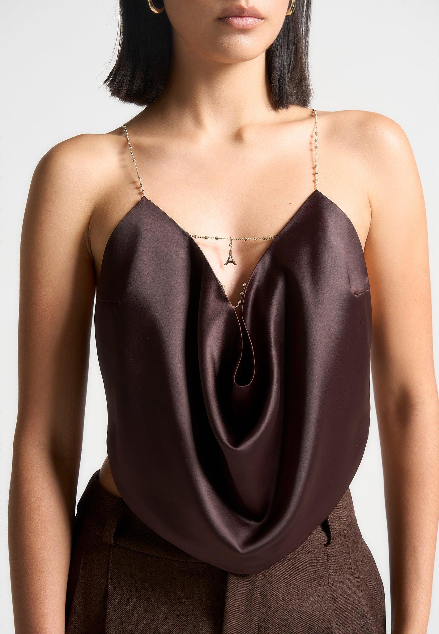 Satin Cowl Neck Top with Chain Detail - Brown Female Product Image