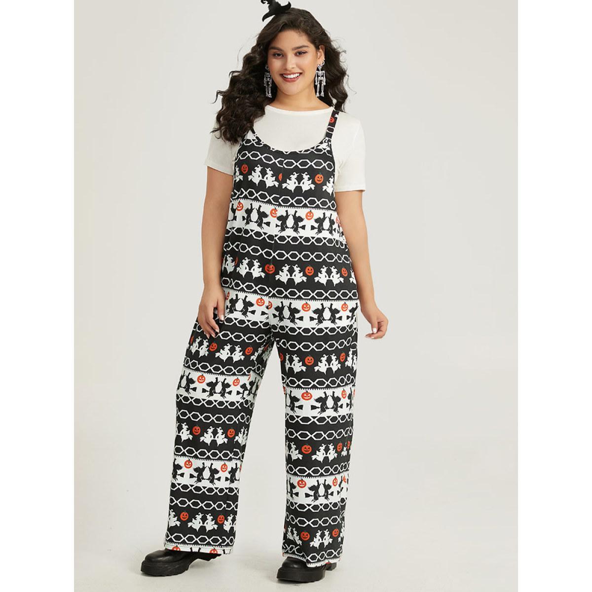 Plus Size Black Halloween Witch & Pumpkin Pattern Striped Jumpsuit Women Casual Sleeveless Spaghetti Strap Festival-Halloween Loose Jumpsuits BloomChic 18-20/2X Product Image