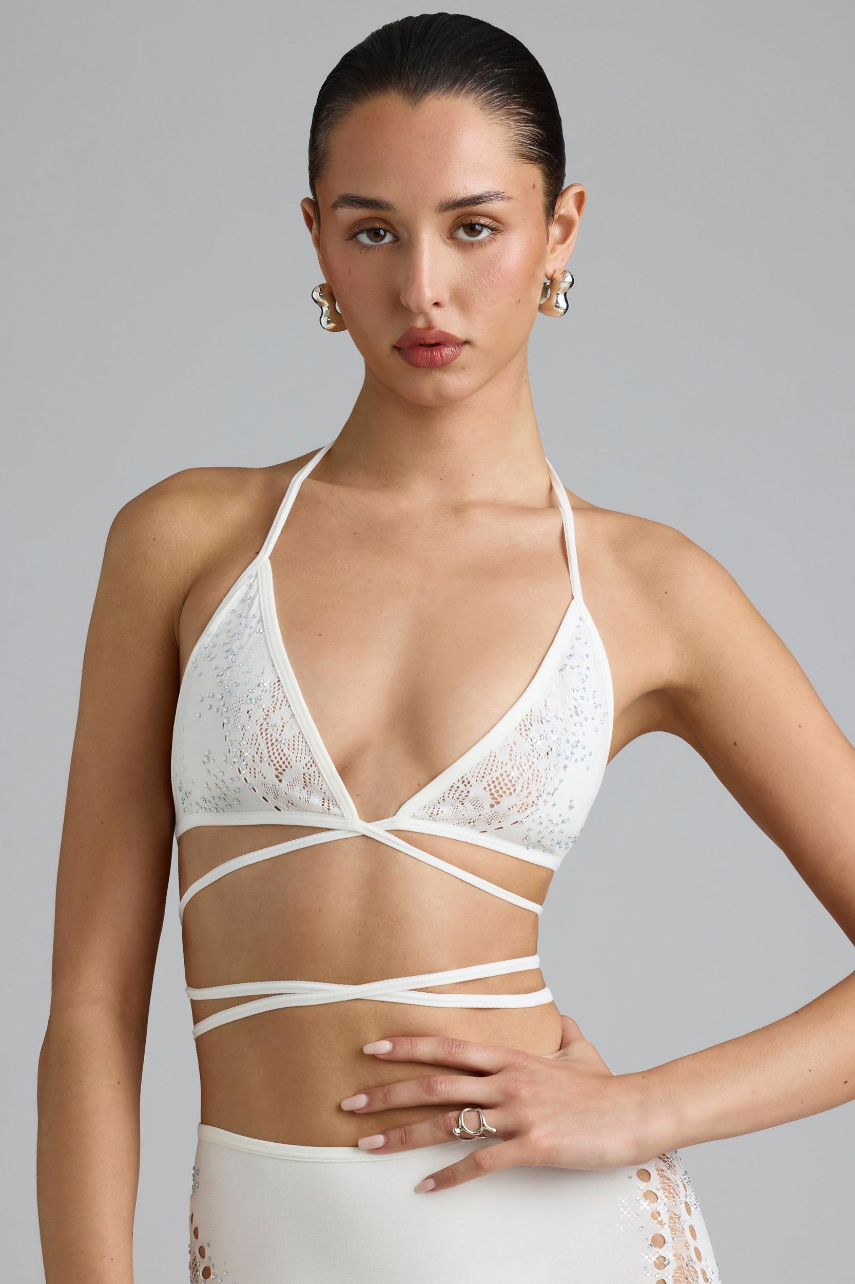 Embellished Cross-Strap Bikini Top in Ivory Product Image