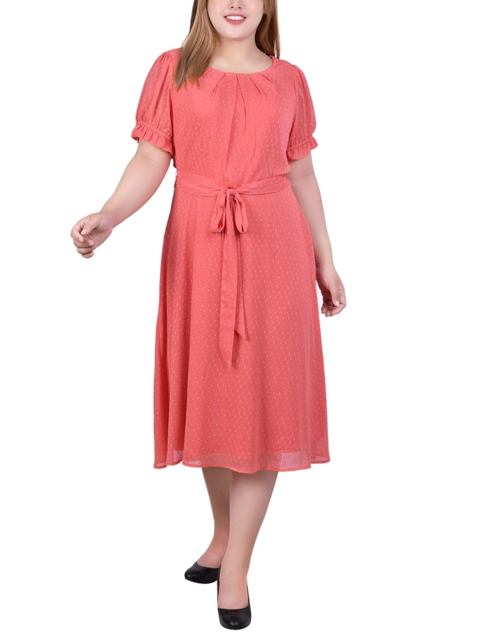 Spiced Coral Rectangle Short Sleeve Belted Swiss Dot Dress - Plus Product Image
