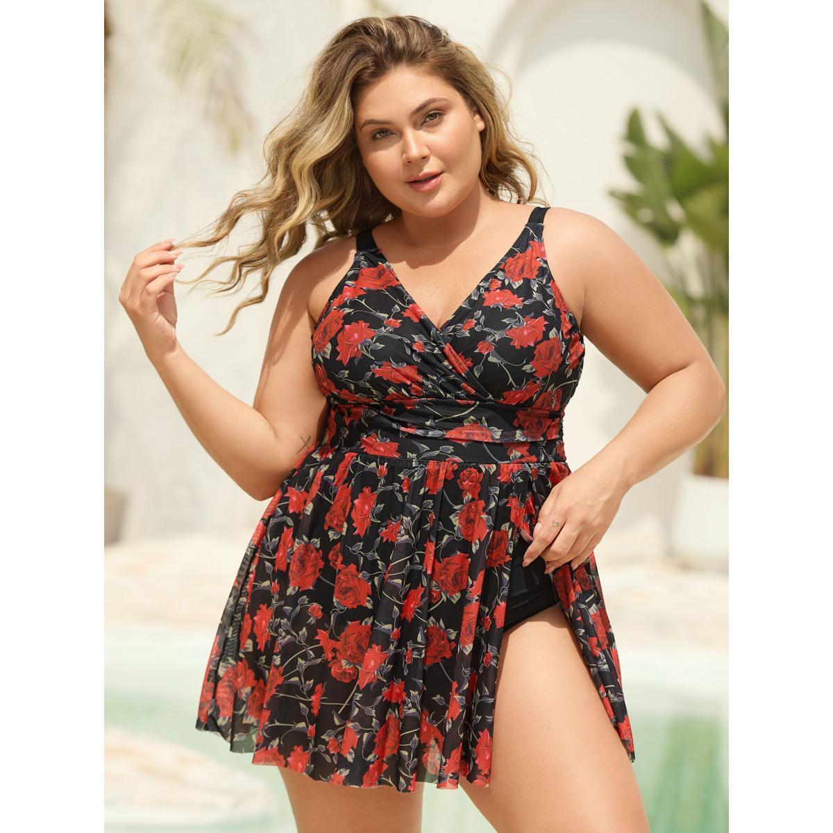 Plus Size Midnight Roses Sheer Pleated Swim Dress Women's Swimwear Black Beach Bodycon Overlap Collar High stretch Curve Swim Dresses BloomChic 22-24/3X Product Image