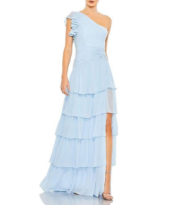 Mac Duggal Ruffle One Shoulder Ruched Waist Sleeveless Tiered Gown Product Image