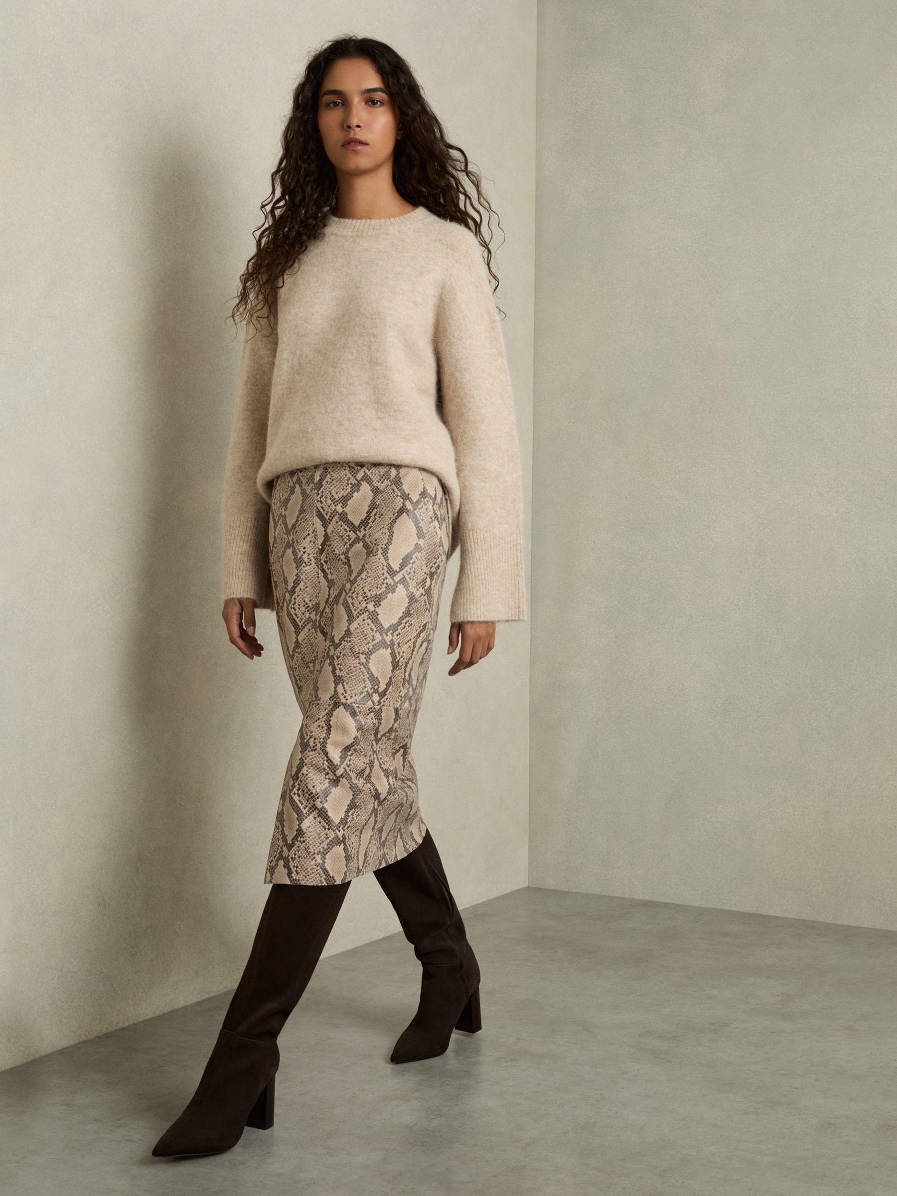 Leather Snakeskin-Effect Pencil Skirt in Neutral Product Image